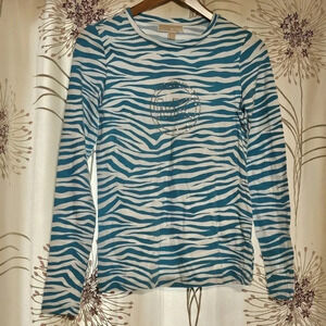 Michael Kors Top Shirt MK Jeweled Sparkle MK Logo Blue White Sz S NWT #0039